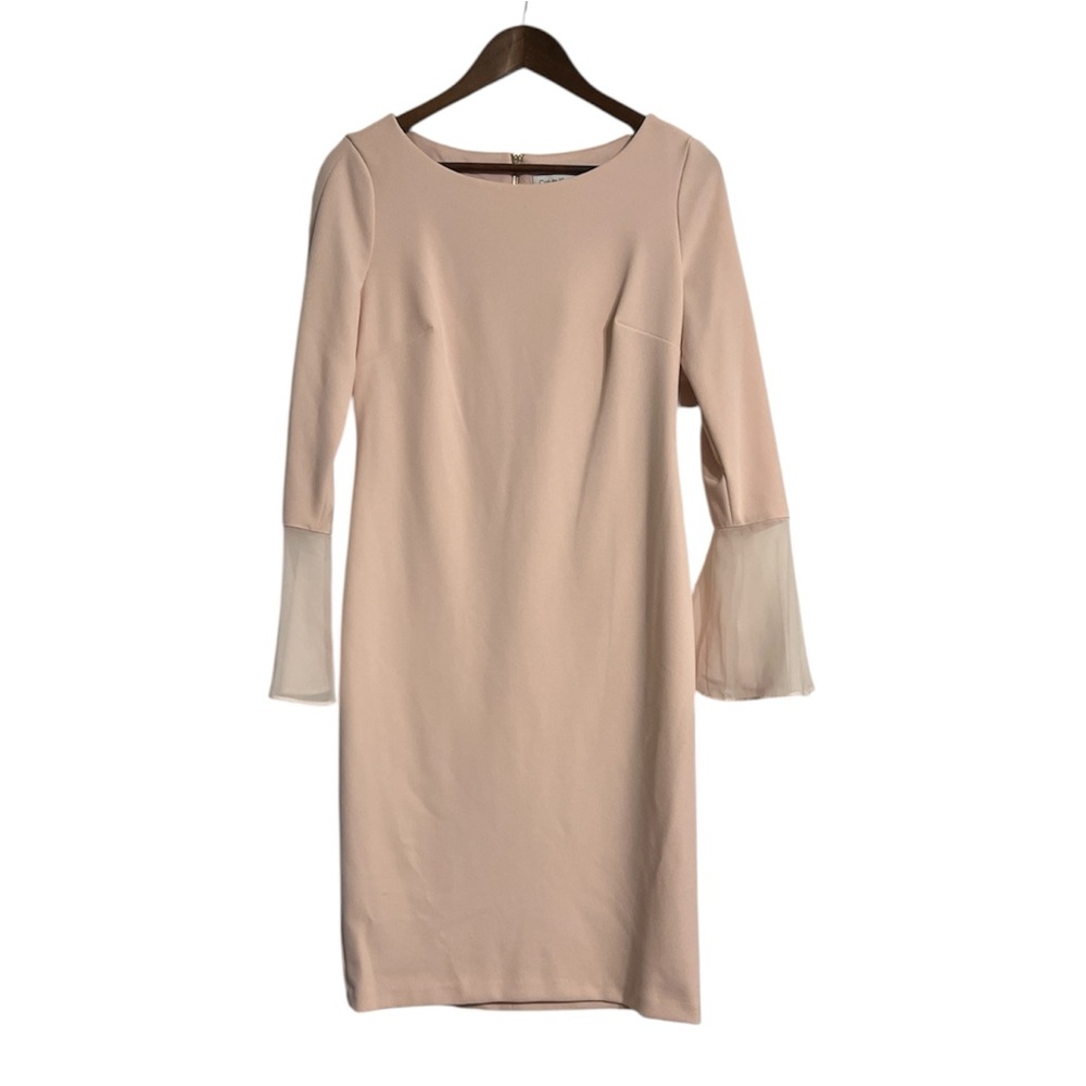 Calvin Klein Blush Pink Sheath Dress with Sheer Bell Sleeves SZ 8 Elegant Pastel